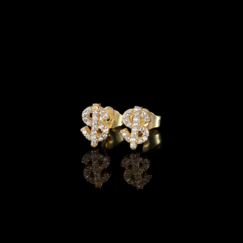 Hip Hop Jewelry Stud Earrings Iced Out 5A Zircon Dollar Sign Gold Plated Earrings for Men Women