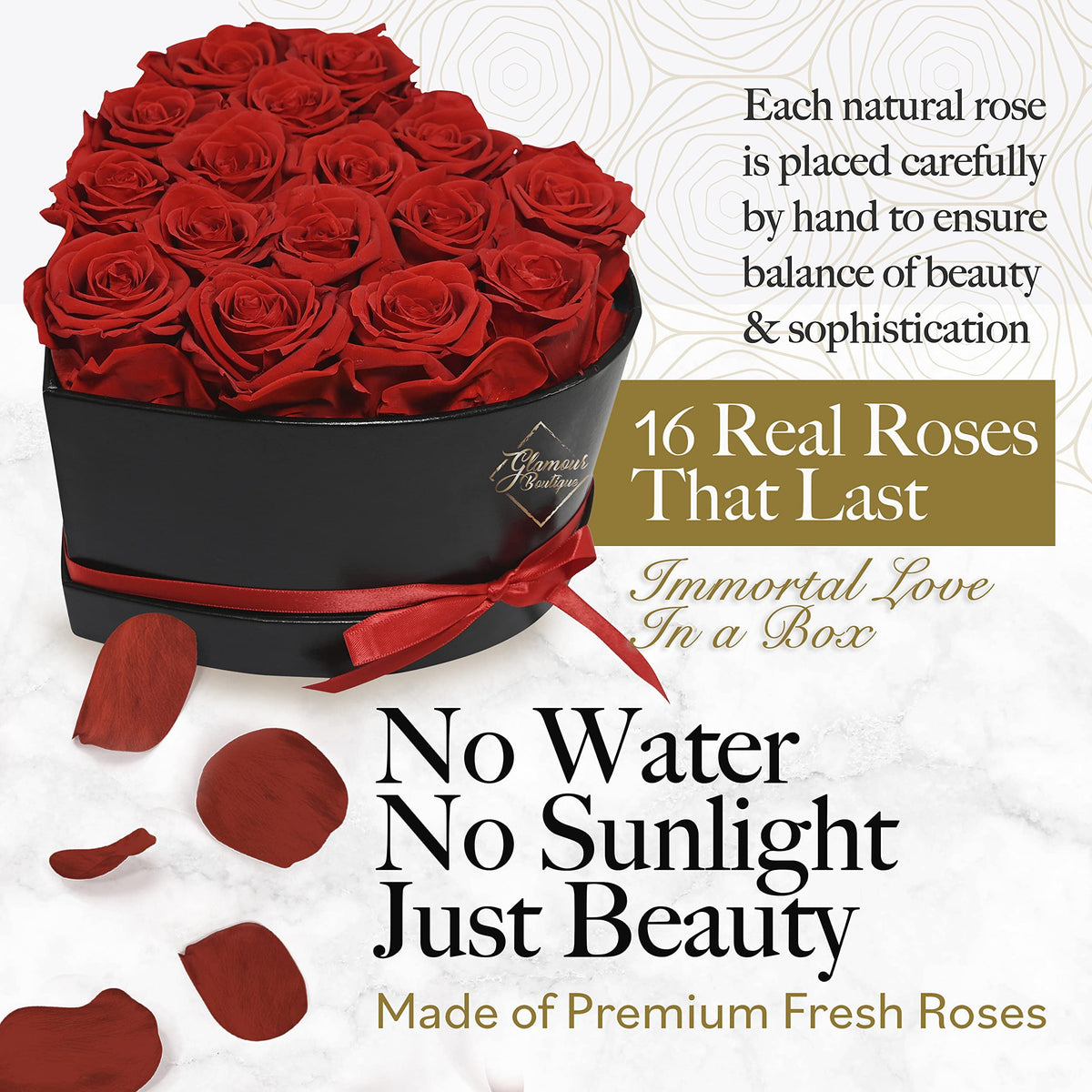 GLAMOUR BOUTIQUE 16 Forever Flower Heart Shape Box - Preserved Roses, Immortal Roses Gift for Her Eternal Rose Preserved Flowers for Delivery Mothers Day Women Valentines Day Gifts for Wife - Red