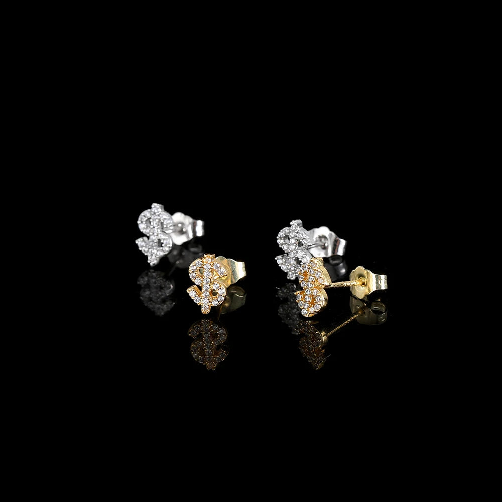 Hip Hop Jewelry Stud Earrings Iced Out 5A Zircon Dollar Sign Gold Plated Earrings for Men Women