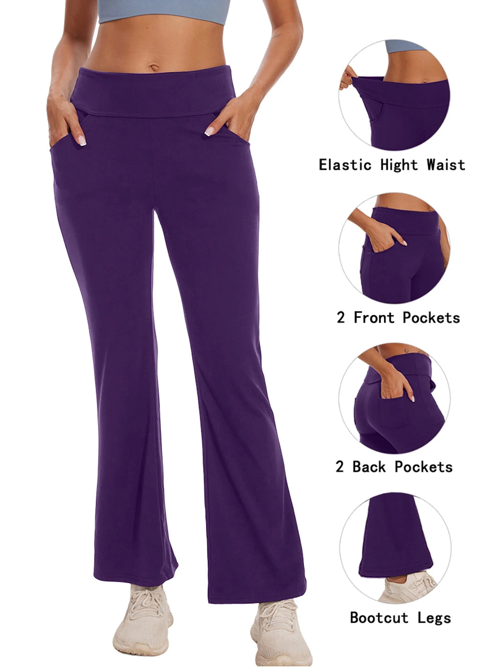Womens Yoga Pants Flare Legging with Pockets Bootcut High Waist Lightweight Bottoms Workout Activewear Purple M