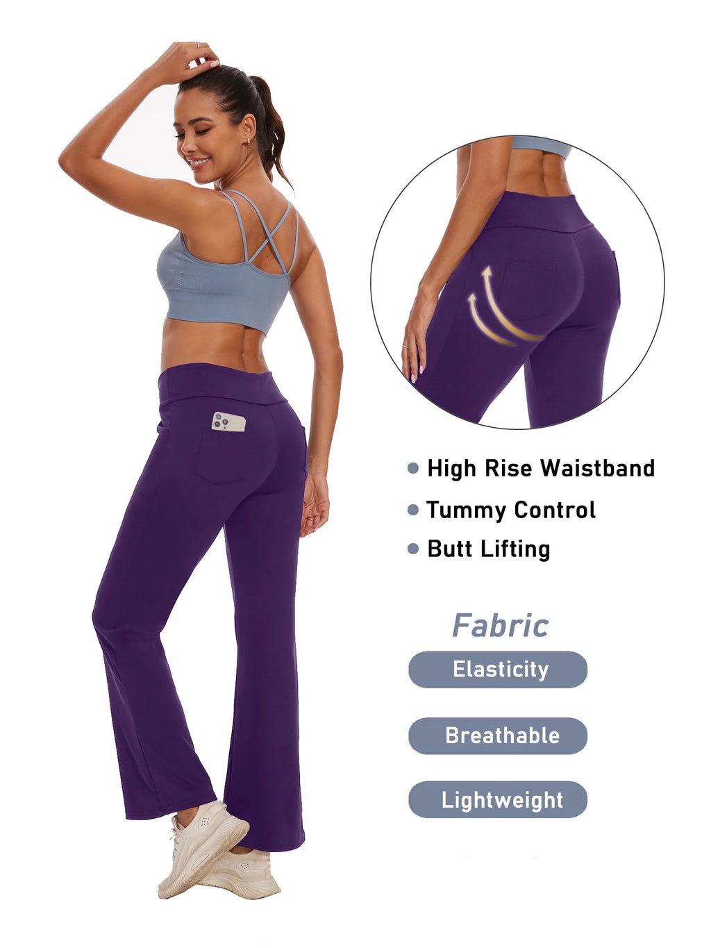 Womens Yoga Pants Flare Legging with Pockets Bootcut High Waist Lightweight Bottoms Workout Activewear Purple M