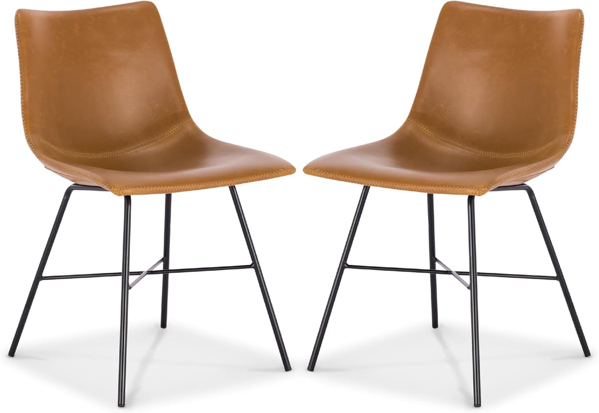 POLY & BARK Paxton Leather Dining Chairs – Set of 2 Modern Dining Room Chairs with Low Back – Faux Leather Upholstery and Matte Black Steel Base – Comfortable Seating for Stylish Interiors – Tan