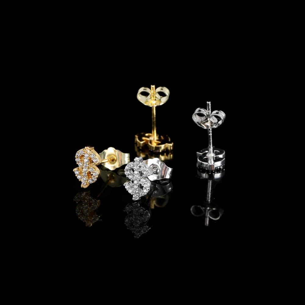 Hip Hop Jewelry Stud Earrings Iced Out 5A Zircon Dollar Sign Gold Plated Earrings for Men Women