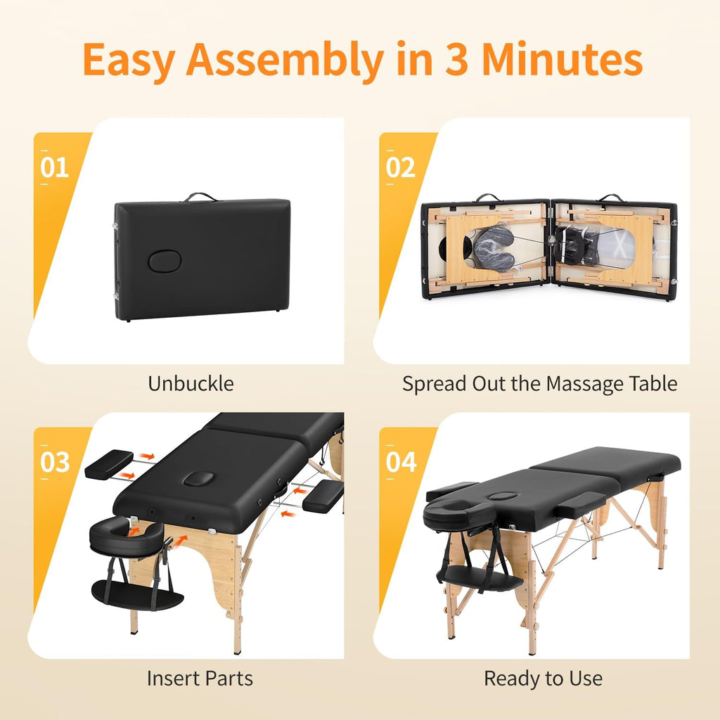 Massage Bed Portable Folding Massage Table 24" Wide,Black | | 2-Fold Lash Bed Height-Adjustable with Carry Bag, 450Lbs Capacity for Massage, Facial, Tattoo, Home, Spa