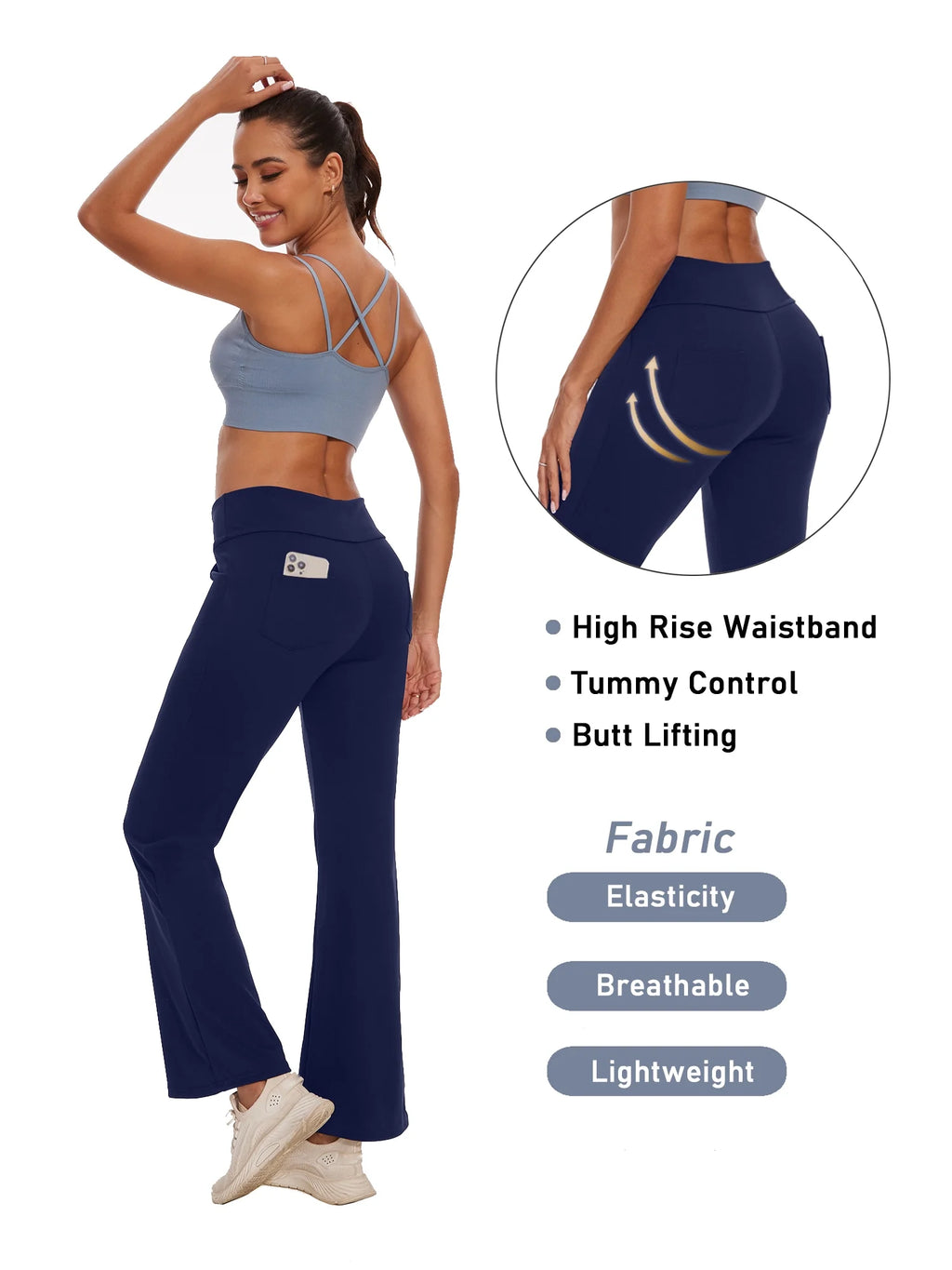 Womens Yoga Pants Flare Legging with Pockets Bootcut High Waist Lightweight Bottoms Workout Activewear Navy Blue L
