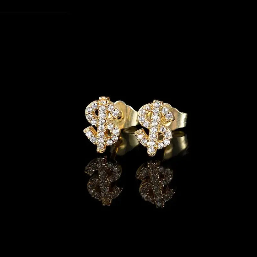 Hip Hop Jewelry Stud Earrings Iced Out 5A Zircon Dollar Sign Gold Plated Earrings for Men Women