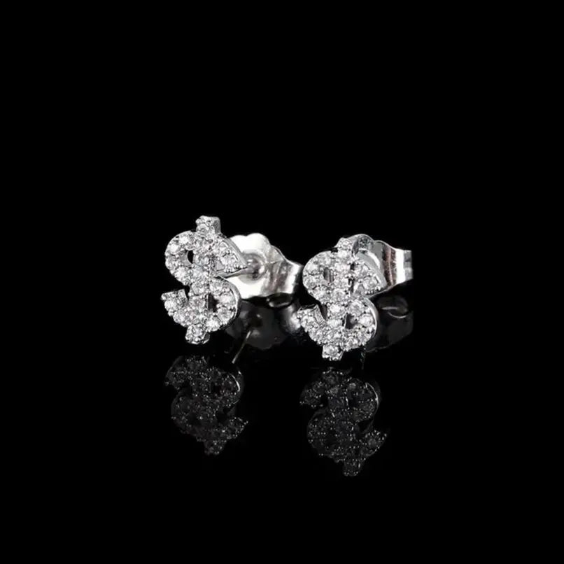 Hip Hop Jewelry Stud Earrings Iced Out 5A Zircon Dollar Sign Gold Plated Earrings for Men Women