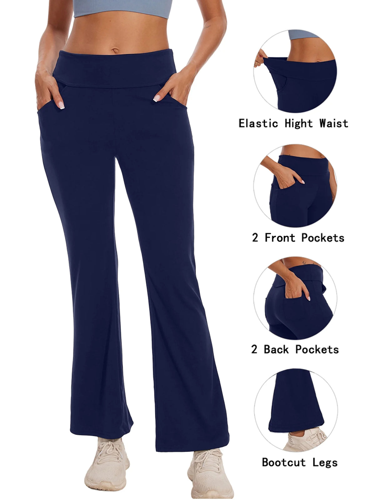 Womens Yoga Pants Flare Legging with Pockets Bootcut High Waist Lightweight Bottoms Workout Activewear Navy Blue L